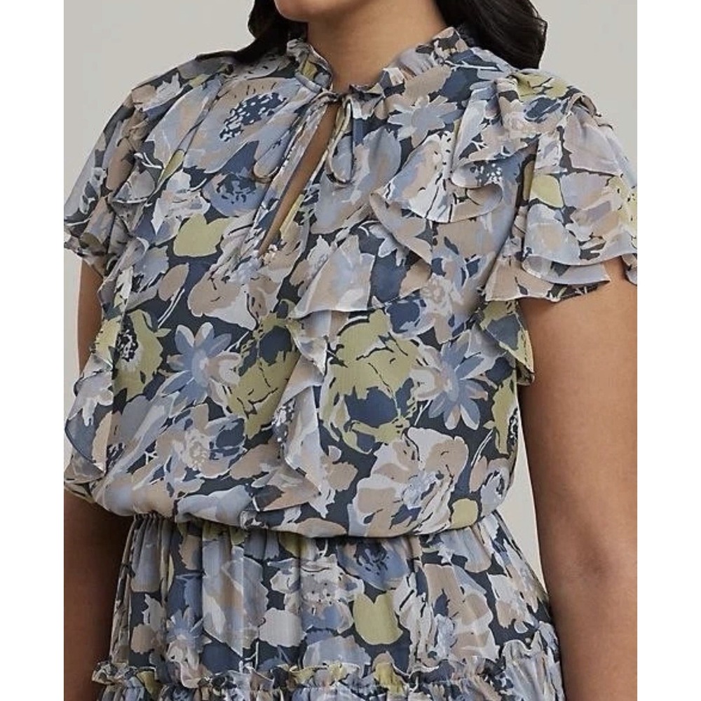Ralph Lauren Floral Ruffle-Trim Georgette Dress Blue Size 20W NWT - Picture 4 of 11